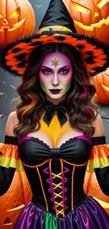 Colorful witch in Halloween costume with pumpkins.