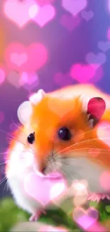 Cute hamster in a vibrant, dreamy background with blurred bokeh and floral elements.