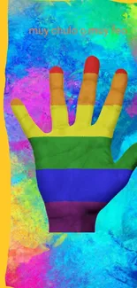 Colorful hand-painted rainbow on a vivid abstract background.