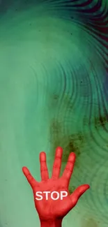 Red hand with 'STOP' on a teal swirling background.