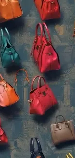 Colorful handbag pattern on blue background.