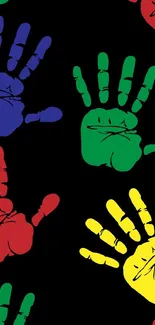 Vibrant handprint wallpaper with red, green, blue, and yellow prints on black.