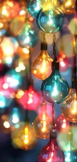 Colorful hanging light bulbs creating a bokeh effect.