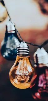 Colorful hanging light bulbs against a warm blurred background.