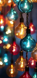 Vibrant string of colorful hanging lights glowing.