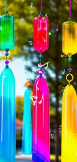 Vibrant colorful glass ornaments hanging outdoors.