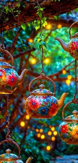 Colorful floral teapots hanging in a magical garden setting.