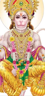 Colorful depiction of Lord Hanuman with vibrant gold tones and decorative details.