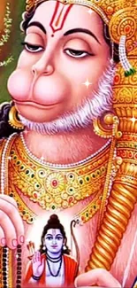 Colorful Hanuman artwork with intricate gold accents.