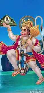 Hanuman with mountain in beach backdrop wallpaper.