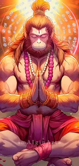 Vibrant Hanuman meditation artwork with spiritual symbols and radiant colors.