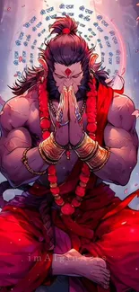 Vibrant Hanuman meditation art in striking red.