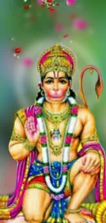 Hanuman in colorful attire with a vibrant green background.