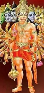 Vibrant Hanuman in traditional attire with multiple arms on red background.