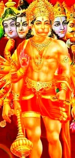 Vibrant artistic Hanuman mobile wallpaper in red and gold hues.