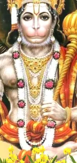 Vibrant Hanuman deity holding a gada with floral adornments.