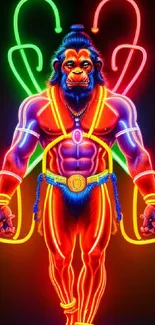 Vibrant neon Hanuman art with glowing colors.