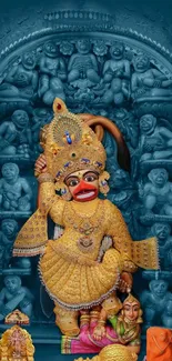 Vibrant Hanuman statue with intricate details and teal background.