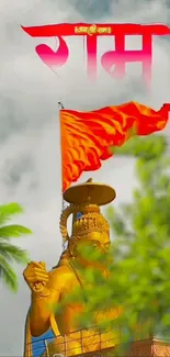 Statue with a red flag against a cloudy sky.