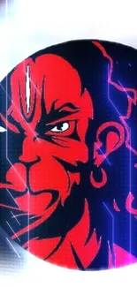 Bold red Hanuman vector art on black background.