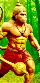 Powerful depiction of Hanuman in lush forest.