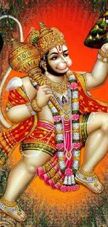 Hanuman mobile wallpaper with vibrant orange background and intricate details