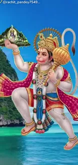 Vibrant Hanuman deity over blue ocean backdrop.