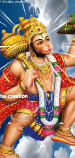 Colorful Hanuman art with mountain against blue sky.