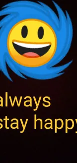 Vibrant emoji with 'always stay happy' text on a dark background.