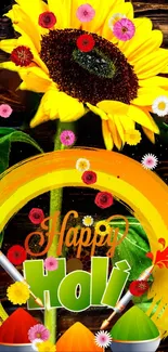 Colorful Happy Holi wallpaper with sunflower and vibrant colors.