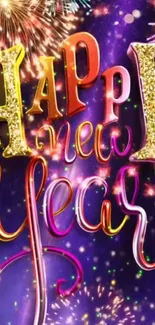 Colorful 'Happy New Year' text with fireworks background.