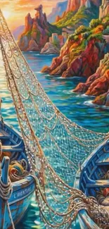 Vibrant harbor art with colorful boats and coastal scenery.