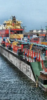 A vibrant harbor with ships, rich in detail and color.