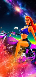 Vibrant art featuring a woman on a colorful Harley Davidson motorcycle.