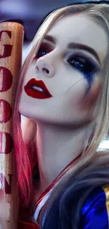 Harley Quinn inspired vibrant mobile wallpaper with striking makeup and colors.