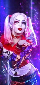 Vibrant Harley Quinn wallpaper with a purple and colorful design.