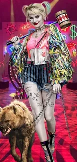 Harley Quinn stands vibrant with a hyena in neon-lit room.