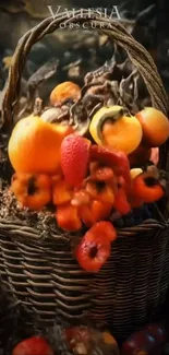 A rustic basket filled with vibrant fruits and vegetables.