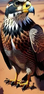 Elegant hawk illustration with desert backdrop and vibrant colors.