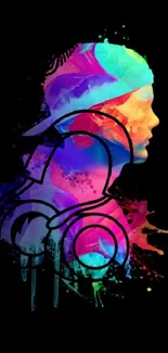 Vibrant abstract silhouette with headphones on black background.