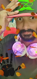 Man with bright headphones and autumn leaves.
