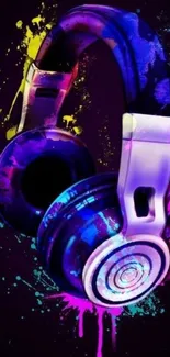 Vibrant neon headphones art with colorful splashes on a black background.