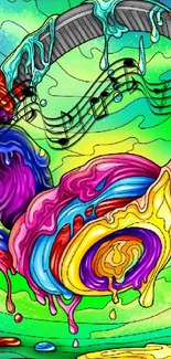 Vibrant and colorful headphones graphic wallpaper with musical notes.