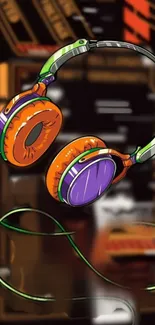 Colorful headphones in digital abstract design.