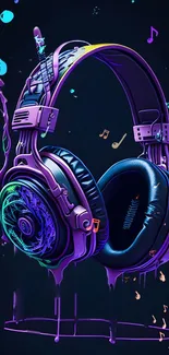 Vibrant digital art with colorful headphones and musical notes.