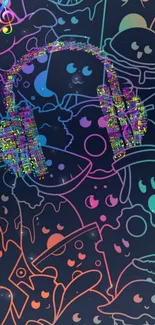 Vibrant doodle wallpaper with colorful headphones on dark background.