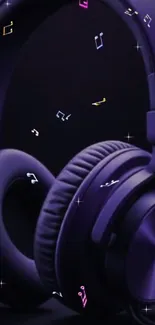Vibrant purple headphones with colorful music notes on a dark background.