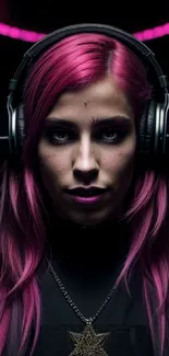 Neon portrait featuring a woman with vibrant purple hair and headphones.