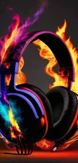 Colorful headphones with vibrant flames on mobile wallpaper.