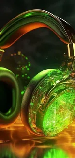 Green glowing headphones with fiery background